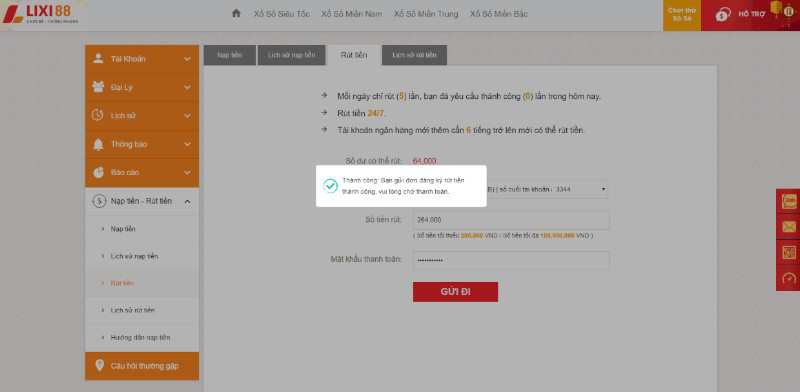 Thông báo rút tiền thành công từ nhà cái Lixi88